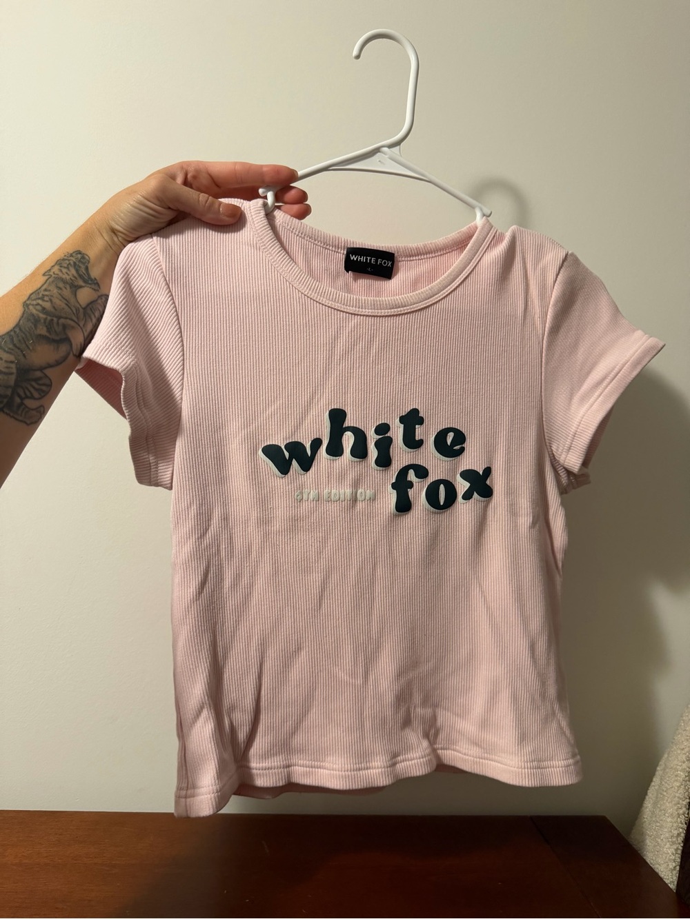 White Fox Pink Ribbed Baby Tee